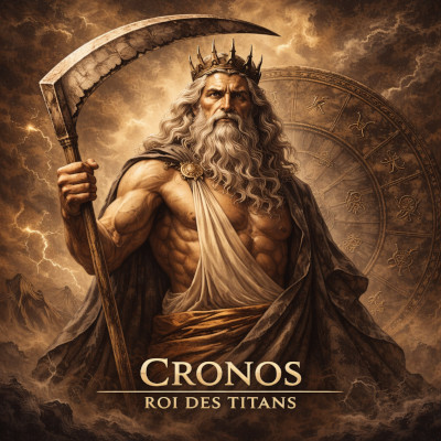 Une illustration de Cronos, Roi des Titans, représenté avec sa faucille de silex Cronos, roi des Titans