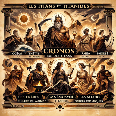 Illustration de Cronos entouré des Titans et Titanides avant la Titanomachie