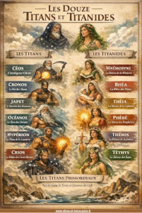 Illustration les 12 Titans et Titanides (Cronos, Océanos, Céos, Crios, Hypérion, Japet, Théia, Rhéa, Thémis, Mnémosyne, Phébé et Téthys)