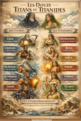 Télécharger notre illustration des 12 titans et titanides de la mythologie grecque, image avec noms des Titans et fonctions.