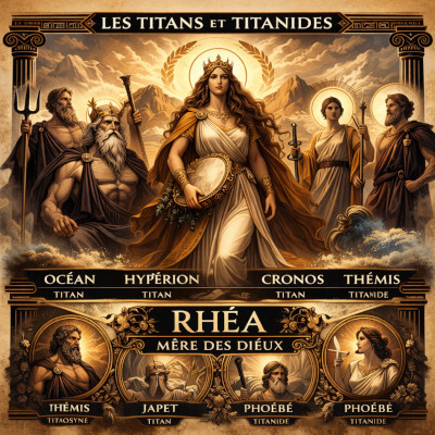 Illustration de Rhéa entouré des Titans et Titanides avant la Titanomachie