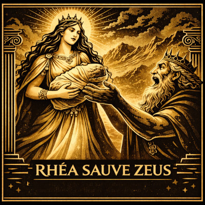 Illustration de Rhéa cachant Zeus pour le sauver de Cronos.